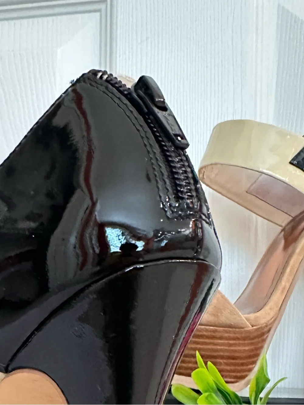 EVA & ZOE ~ Stiletto Black and Beige Patent Leather w/Tan Suede Leather Peep Toe